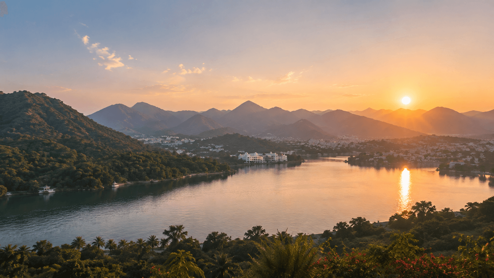 Udaipur Lake and Aravalli Hills panoramic view through slimline sliding windows